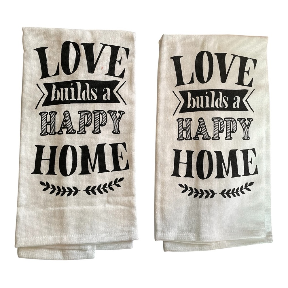 Love Builds a Happy Home Kitchen Towels - Black on White (Set of 2)